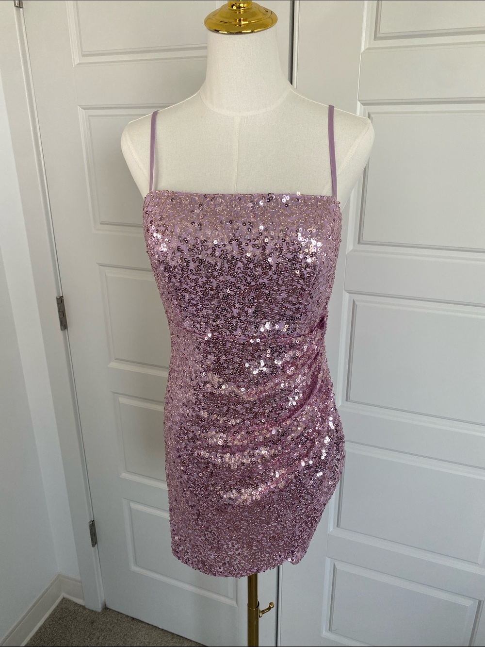 Crystal Sky Lavender Sequin Ruched Bodycon Mini Dress Size L Party